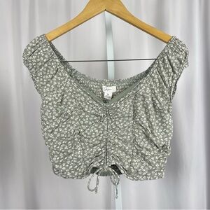 Japna Medium Ciottagecore Smocked Floral Retro Ruched Crop Top Olive Green